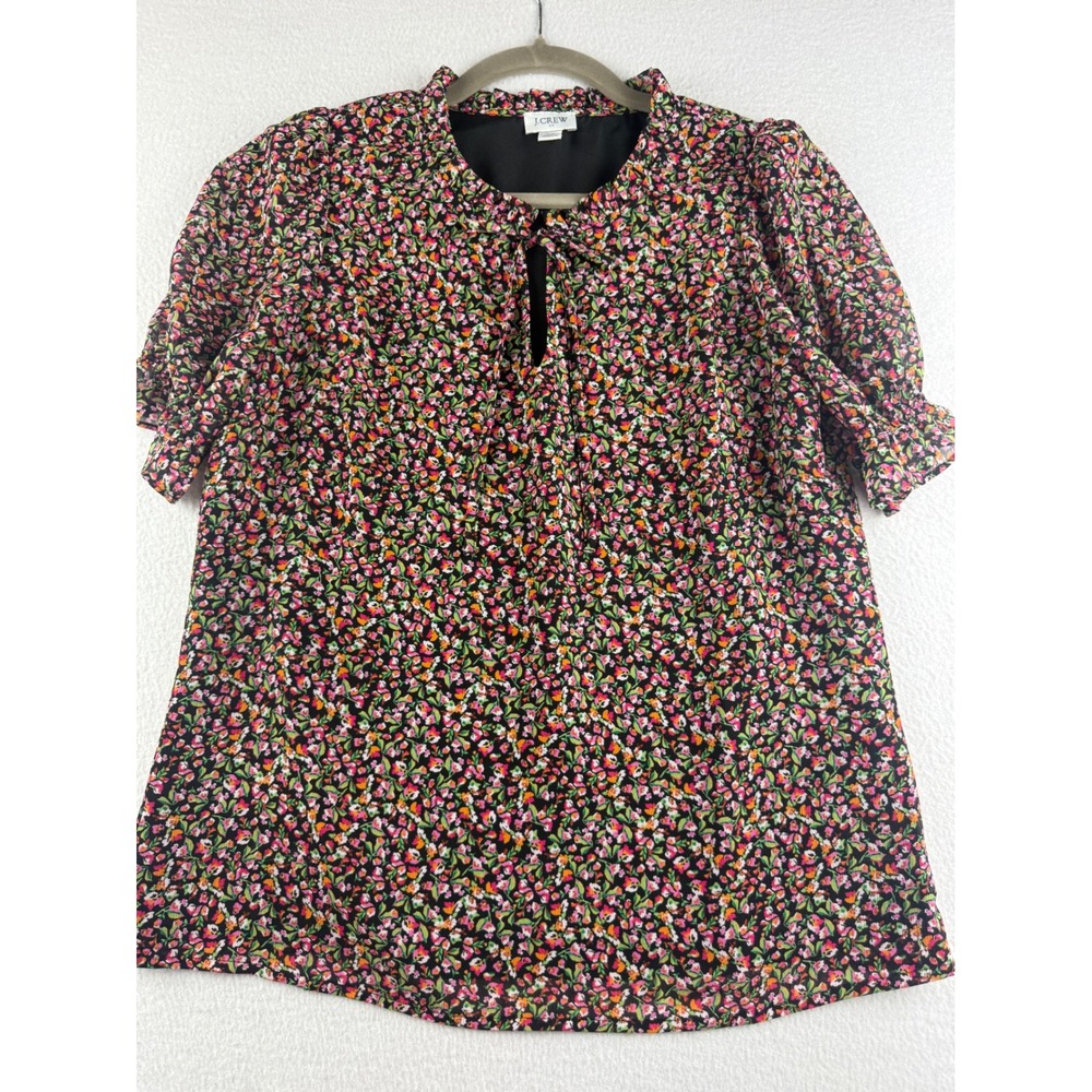 J.Crew Womens XS Black Floral Ruffle Tie Neck Puff Sleeve Blouse Top